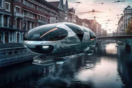 futuristic flying bus crossing river in modern city, created with generative aiの素材