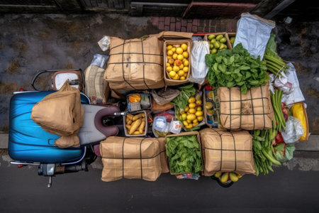aerial view of a delivery scooter with food bags, created with generative aiの素材