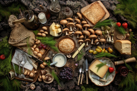 flat lay of a forest picnic with mushroom dishes and utensils, created with generative aiの素材