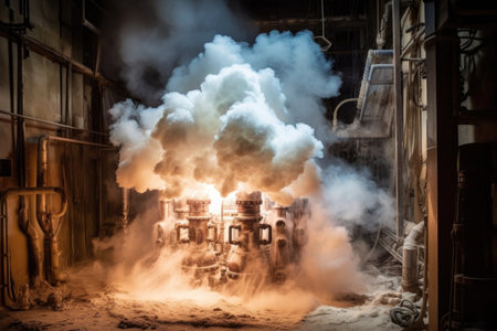 smoke and steam rising from cooling castings, created with generative aiの素材