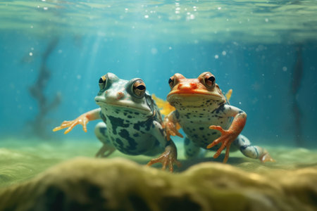 frogs holding onto each other while swimming, created with generative aiの素材