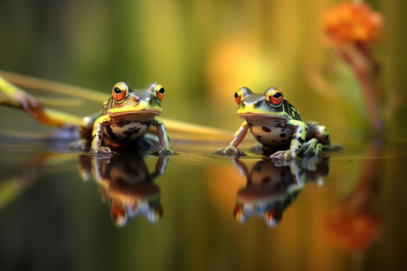 frogs reflected in a ponds surface, created with generative aiの素材