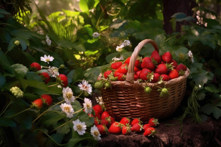 strawberries in a woven basket in a lush garden, created with generative aiの素材