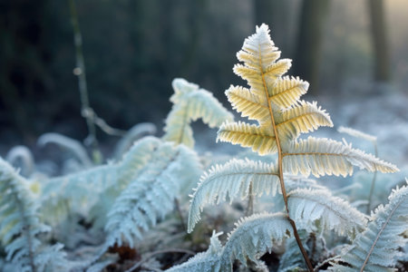 frost-covered fern leaves in a cold woodland, created with generative aiの素材