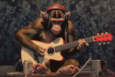 monkey playing guitar while wearing headphones, created with generative aiの素材
