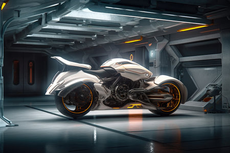 futuristic hoverbike parked in a high-tech garage, created with generative aiの素材