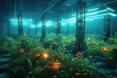 underwater agricultural farms with glowing plants, created with generative aiの素材