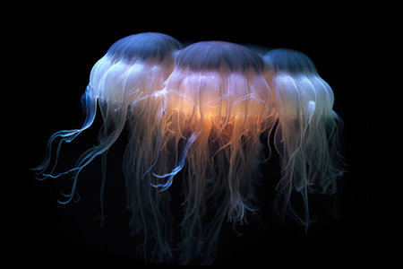 close-up of a glowing jellyfish floating in darkness, created with generative aiの素材