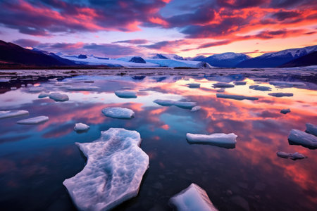 glacier calving at sunset, vibrant colors reflecting on ice, created with generative aiの素材