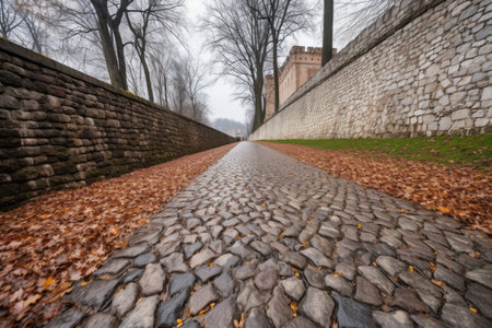 fascinating detail of a cobblestone pathway leading to a castle, created with generative aiの素材