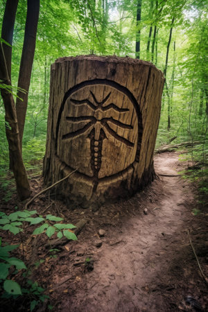 check mark carved into a tree trunk in a forest, created with generative aiの素材