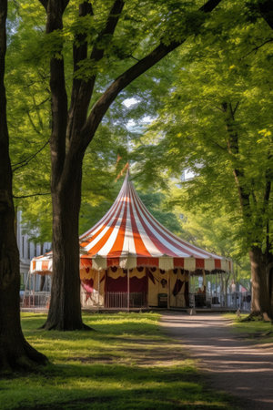 circus tent in a park surrounded by trees, created with generative aiの素材