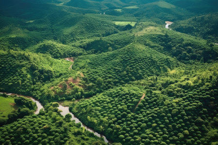 aerial view of lush coffee plantation landscape, created with generative aiの素材