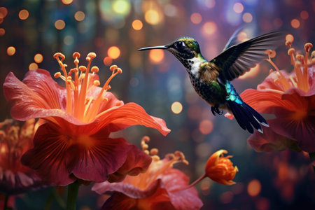 hummingbird hovering near tropical flowers in bloom, created with generative aiの素材
