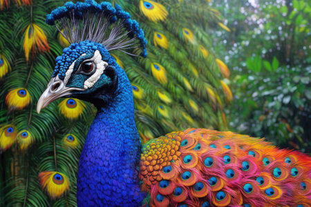 vibrant peacock displaying its stunning feathers, created with generative aiの素材