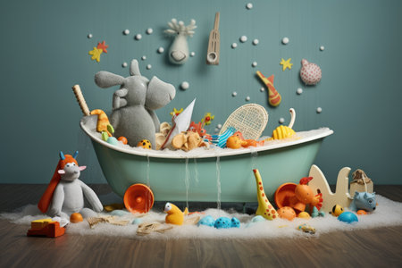 baby bathtub with splashes of water and floating toys, created with generative aiの素材