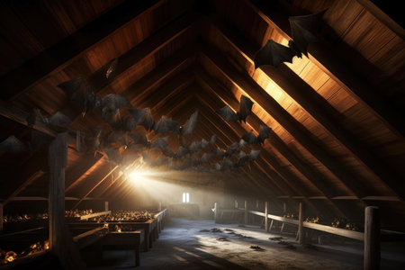 bats clinging to attic beams near light source, created with generative aiの素材