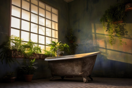 stained bathtub with plant shadows creating ambiance, created with generative aiの素材