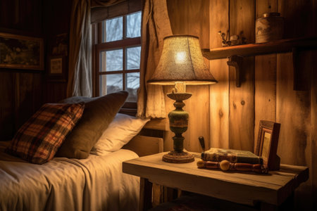 rustic bedside lamp in a cozy cabin setting, created with generative aiの素材
