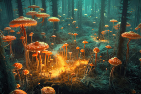 aerial view of a glowing fungal forest at night, created with generative aiの素材