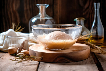 dough rising in a glass bowl with a wooden background, created with generative aiの素材