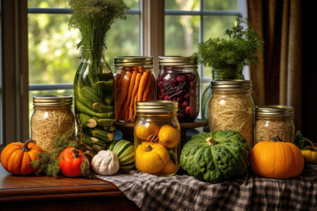 canning jars with autumn vegetables and herbs, created with generative aiの素材
