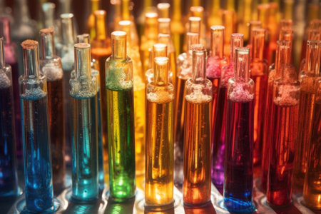 close-up of colorful chemical samples in test tubes, created with generative aiの素材