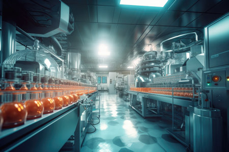 pharmaceutical manufacturing line with pill bottles, created with generative aiの素材