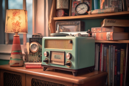 classic radio on a bookshelf with vinyl records, created with generative aiの素材