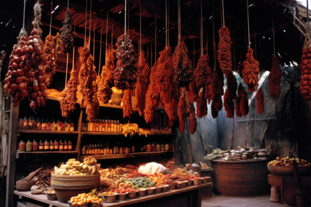 spice stall with hanging dried herbs and peppers, created with generative aiの素材