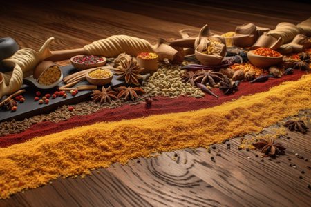a trail of mixed spices snaking through a wooden surface, created with generative aiの素材