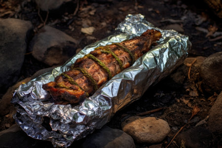 ribs wrapped in foil cooking over campfire coals, created with generative aiの素材