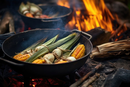 close-up of corn in husks cooking on hot campfire coals, created with generative aiの素材