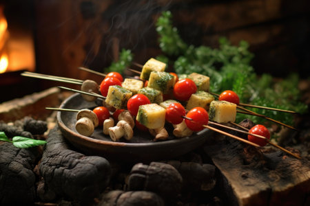 rustic campfire vegetable kabobs with mushrooms and cherry tomatoes, created with generative aiの素材