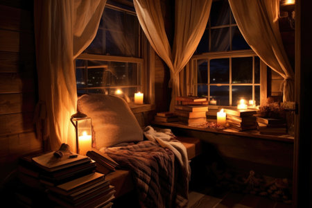 cozy reading nook with book and candlelight, created with generative aiの素材