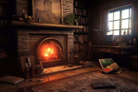 fireplace with a book and reading glasses on the side, created with generative aiの素材