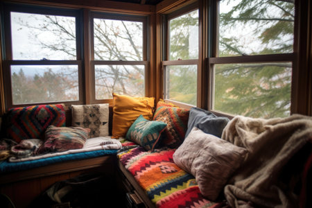 blankets and pillows on a cabin window seat, created with generative aiの素材