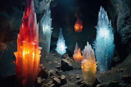 illuminated crystal formations in a dark cave, created with generative aiの素材