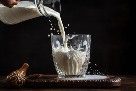 close-up of milk being poured into a glass, creating a splash, created with generative aiの素材