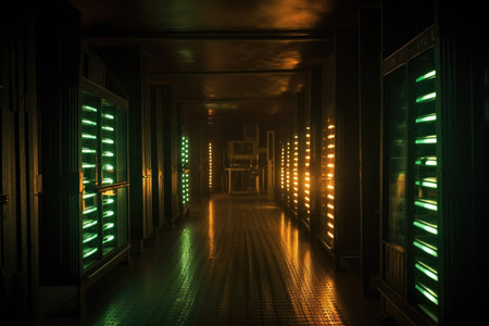 rows of glowing servers in a dimly lit room, created with generative aiの素材