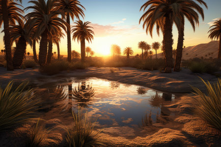 palm trees casting shadows on a desert oasis at sunset, created with generative aiの素材