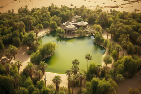 aerial view of a lush oasis surrounded by sand dunes, created with generative aiの素材