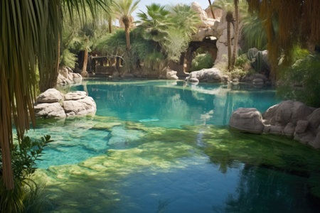 desert oasis with crystal-clear water and lush vegetation, created with generative aiの素材