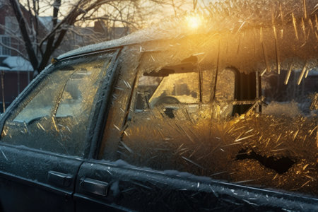 diamond dust shimmering on a frosty car window, created with generative aiの素材