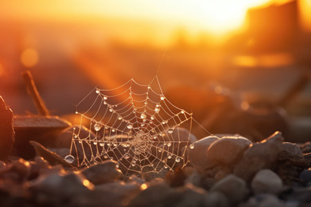 diamond dust glistening on a spider web at sunrise, created with generative aiの素材