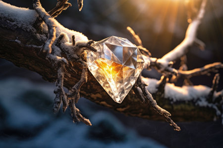 sunrays highlighting diamond dust on a snowy branch, created with generative aiの素材