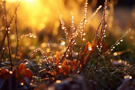 morning sun rays reflecting on frozen dew drops, created with generative aiの素材