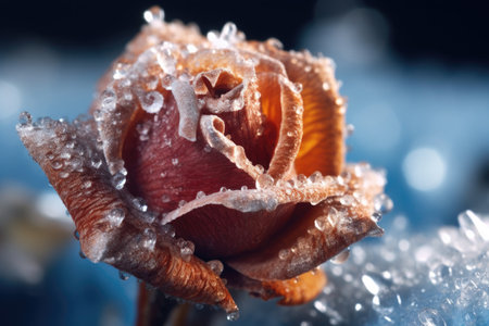 macro shot of diamond dust on a frozen flower, created with generative aiの素材