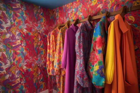 vibrant clothing patterns hanging in dressing room, created with generative aiの素材