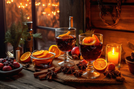 rustic wooden table with mulled wine, spices, and orange slices, created with generative aiの素材